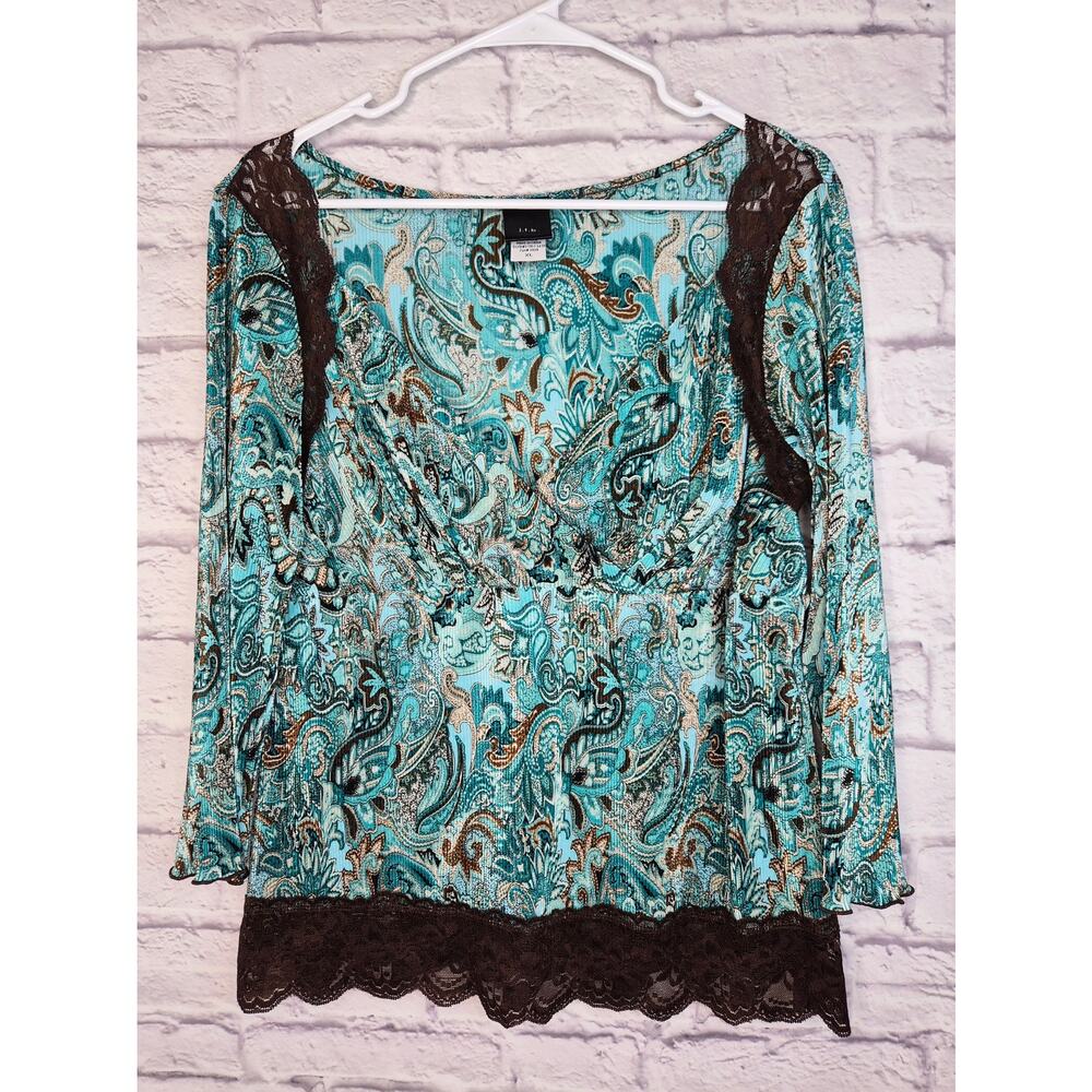 VTG Y2K jtb Paisley Plisse Top XL Teal Brown Lace Trim Lettuce Edge Whimsigoth